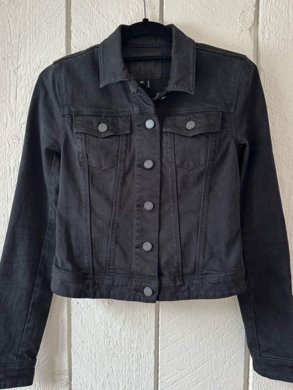 PAIGE Black Denim Trucker Jacket with Button Front
